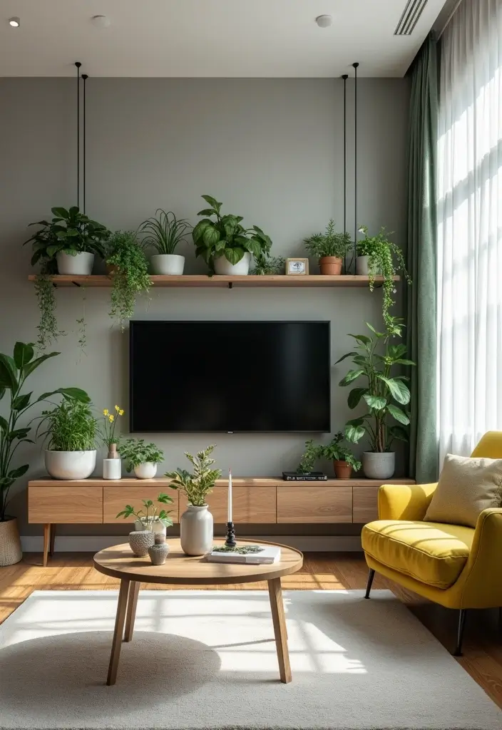 26 Stylish and Functional TV Wall Decor Ideas for Your Living Room - 12. Plant Accessories