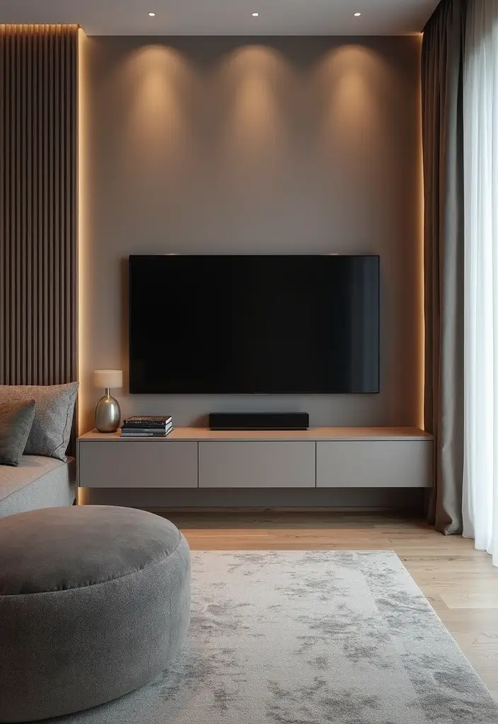 26 Stylish and Functional TV Wall Decor Ideas for Your Living Room - 13. Monochrome Style