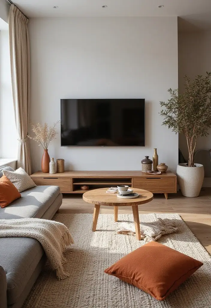 26 Stylish and Functional TV Wall Decor Ideas for Your Living Room - 16. Layered Textiles