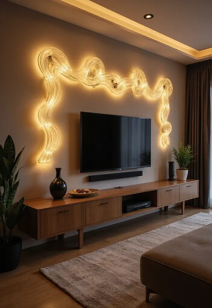 26 Stylish and Functional TV Wall Decor Ideas for Your Living Room - 17. Artistic Lighting Fixtures