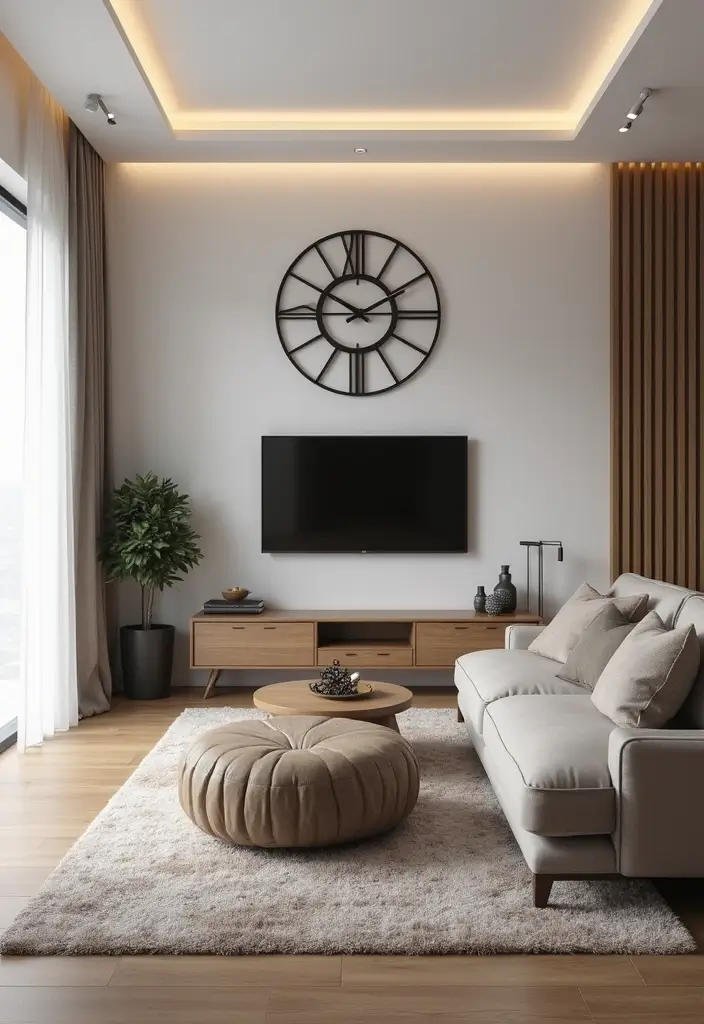 26 Stylish and Functional TV Wall Decor Ideas for Your Living Room - 23. Artful Wall Clocks