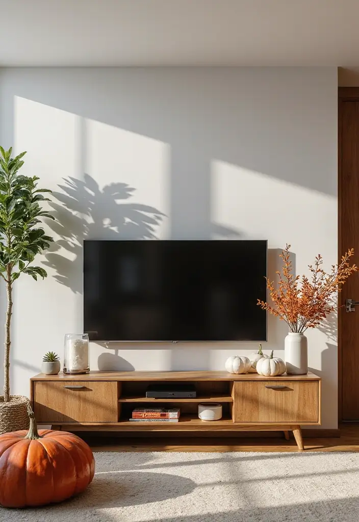 26 Stylish and Functional TV Wall Decor Ideas for Your Living Room - 24. Seasonal Decor Swaps