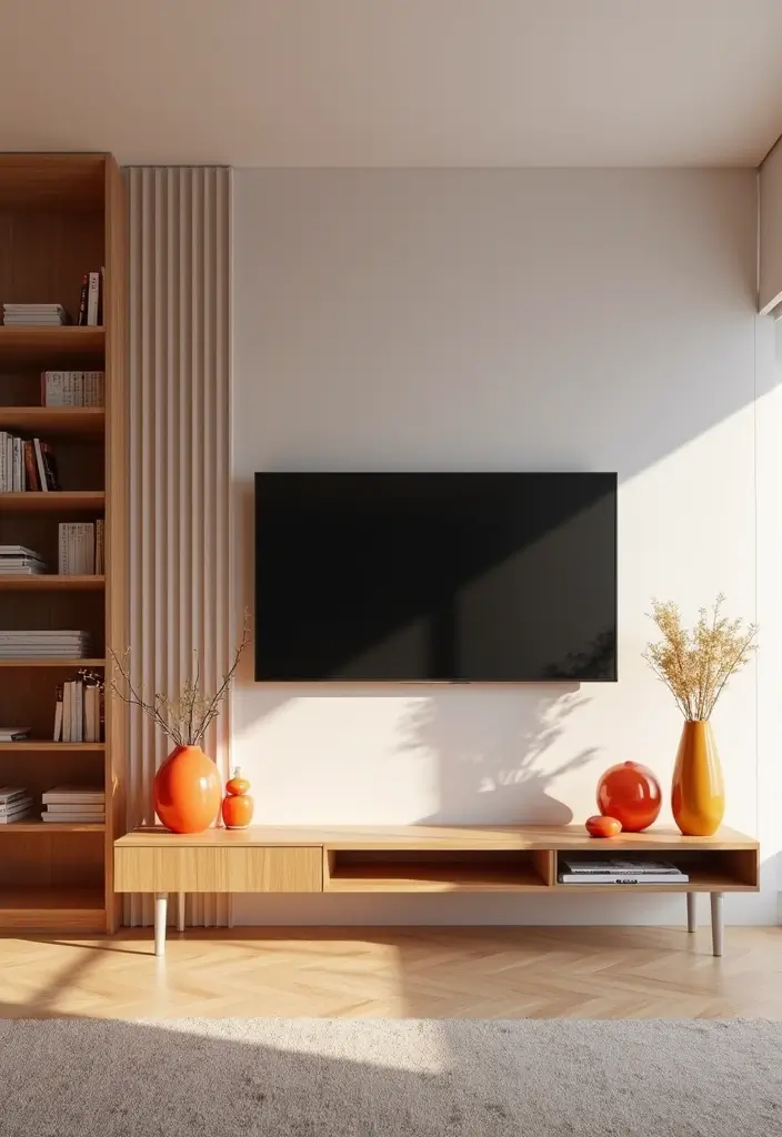 26 Stylish and Functional TV Wall Decor Ideas for Your Living Room - 7. Minimalist Accent Colors