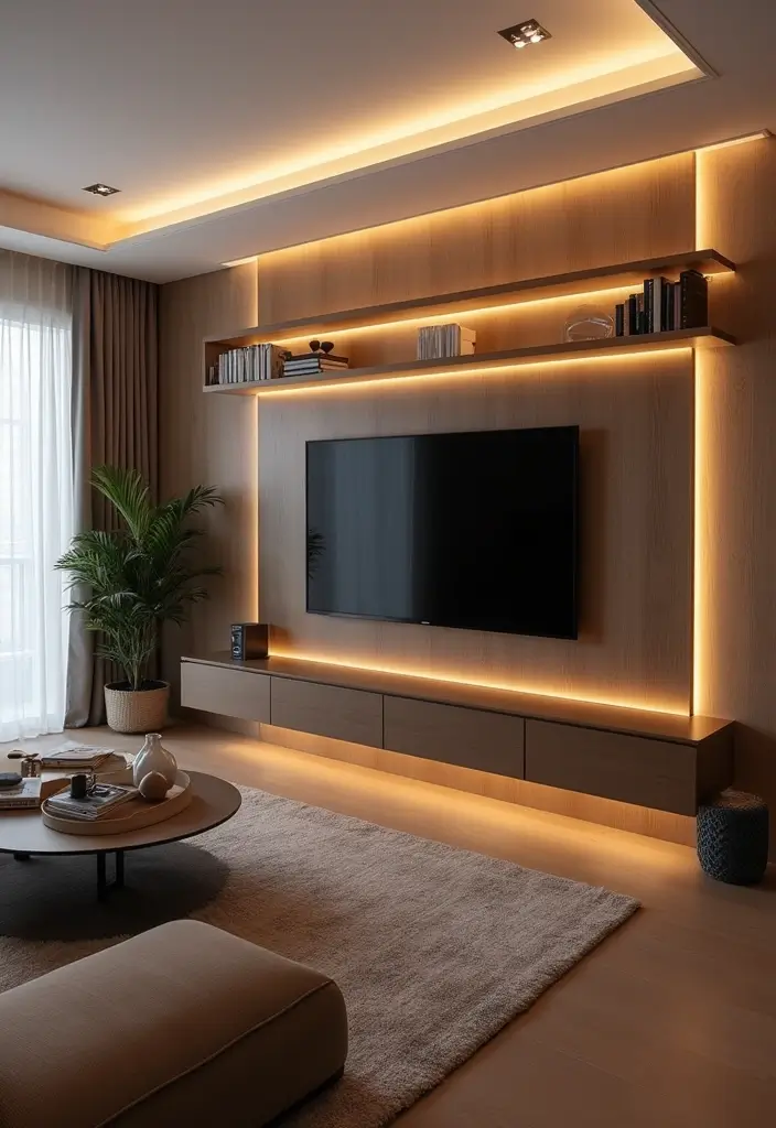 26 Stylish and Functional TV Wall Decor Ideas for Your Living Room - 9. Layered Lighting