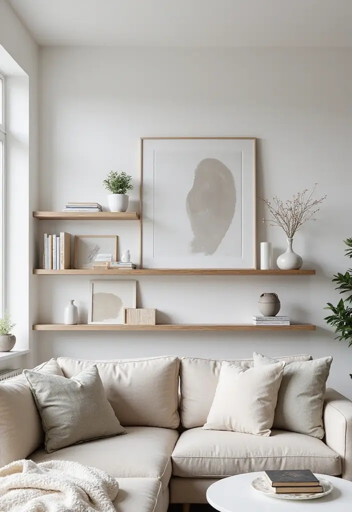 27 Black White and Silver Living Room Ideas That Feel Glamorous and Cool - 5. Minimalist Shelving