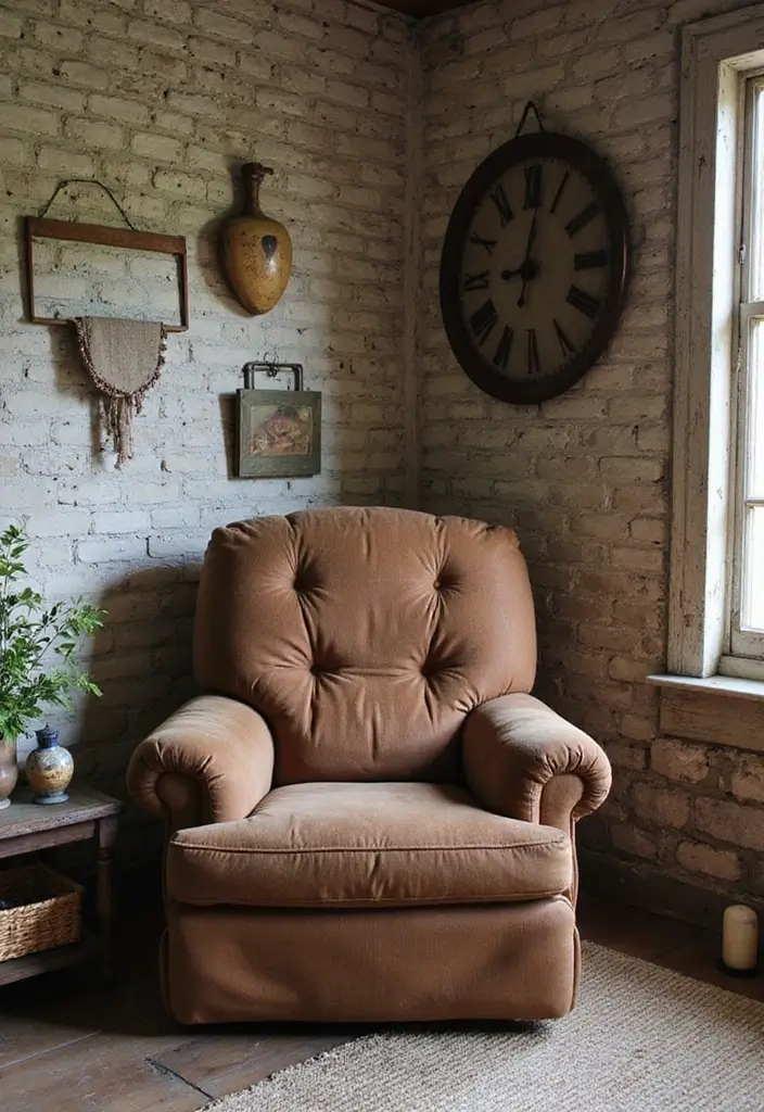 27 Brown Recliner Living Room Decor Ideas That Add Comfort and Style - 10. Use Repurposed Vintage Finds