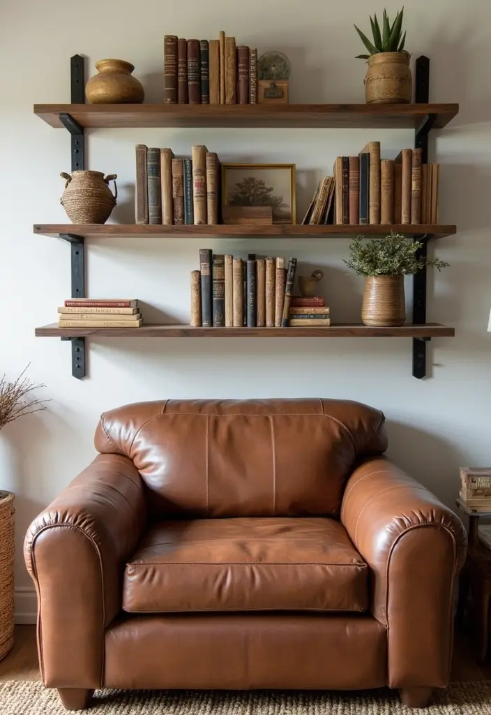 27 Brown Recliner Living Room Decor Ideas That Add Comfort and Style - 14. Use Wall-Mounted Shelving