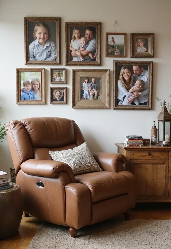 27 Brown Recliner Living Room Decor Ideas That Add Comfort and Style - 18. Personalize with Family Photos