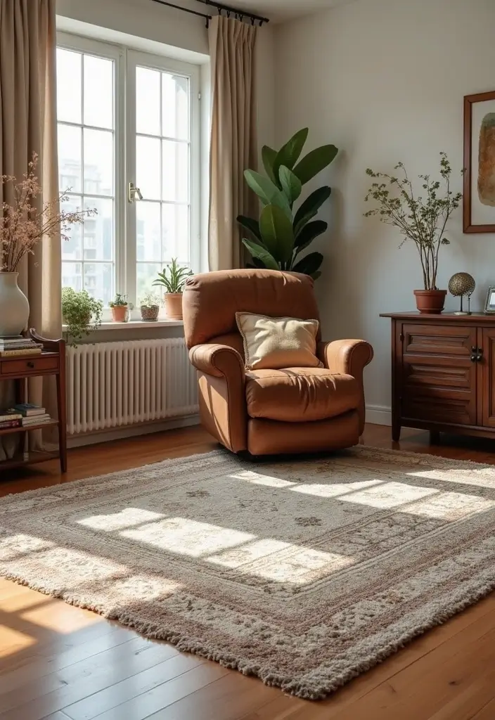 27 Brown Recliner Living Room Decor Ideas That Add Comfort and Style - 26. Create Zones with Rugs