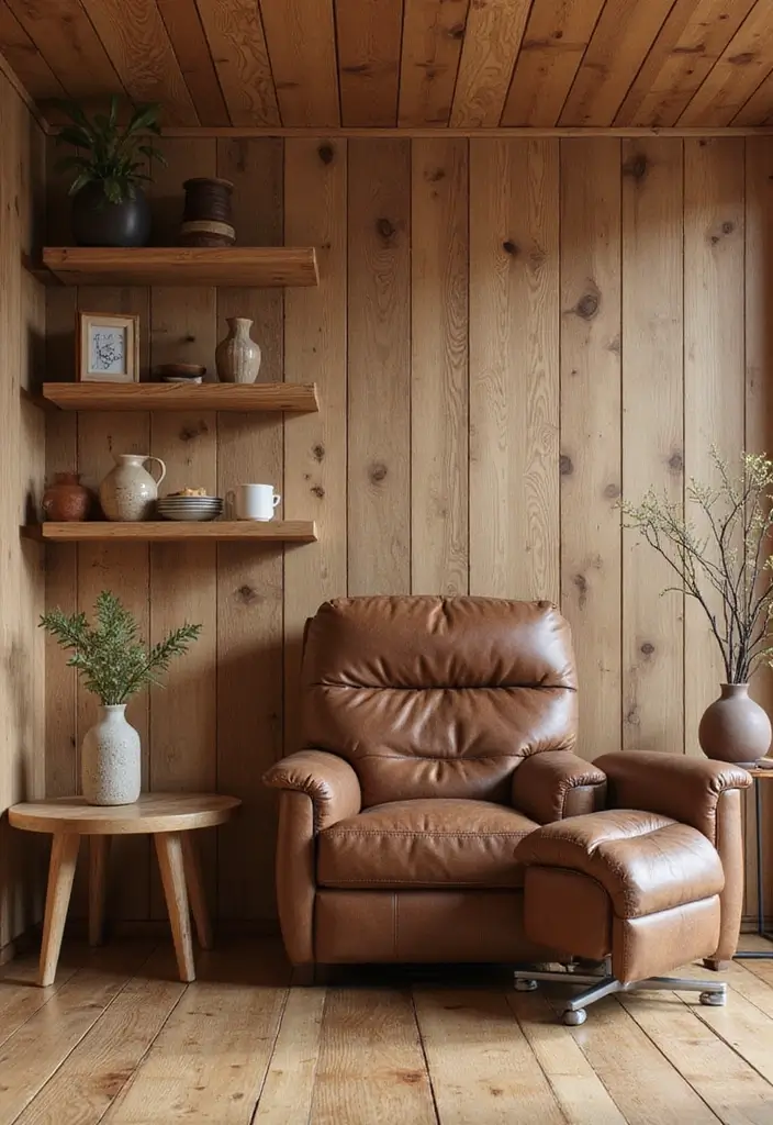 27 Brown Recliner Living Room Decor Ideas That Add Comfort and Style - 4. Use Natural Wood Accents