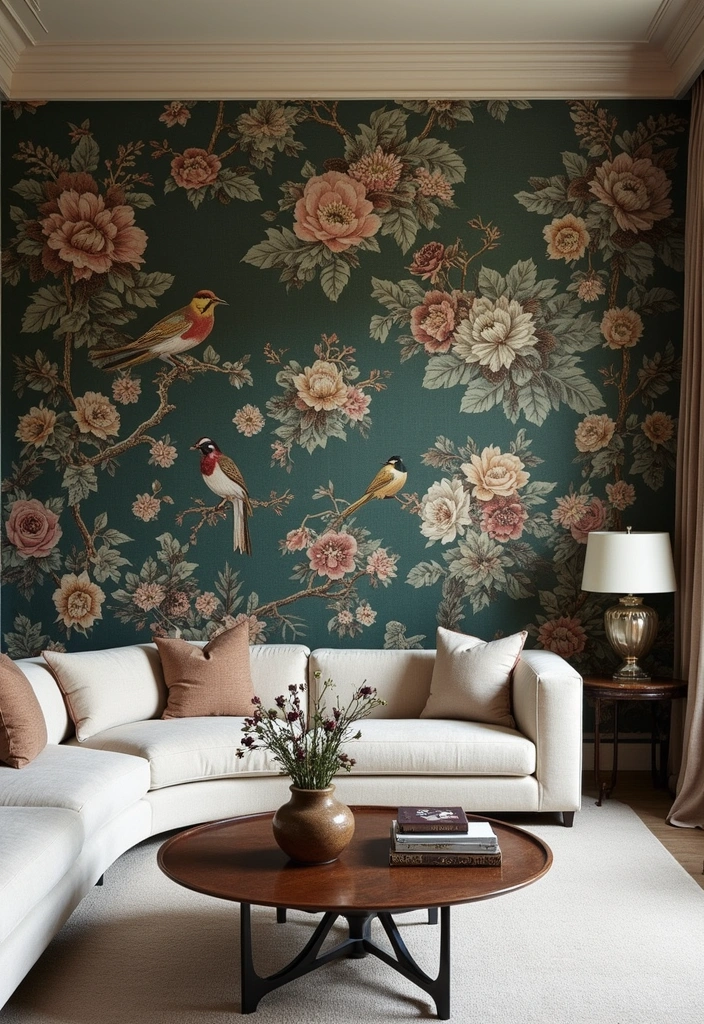 27 Chinoiserie Living Room Ideas That Add Classic Charm - 1. Bold Wallpaper for a Stunning Focal Point