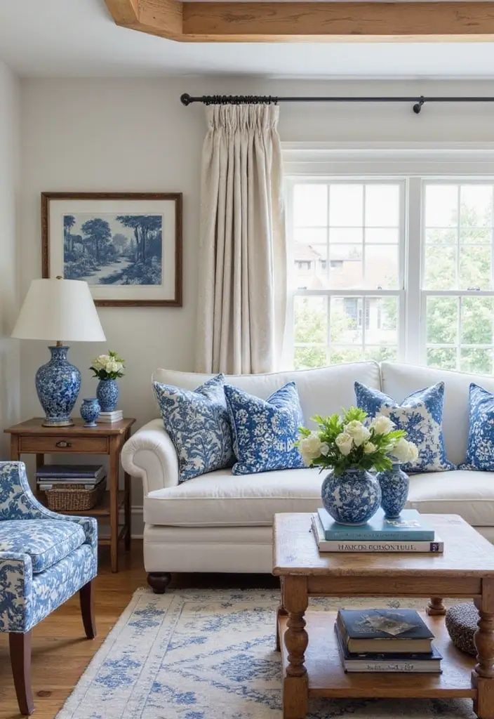 27 Chinoiserie Living Room Ideas That Add Classic Charm - 2. Elegant Blue and White Accents
