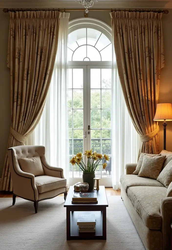 27 Chinoiserie Living Room Ideas That Add Classic Charm - 23. Statement Curtains for Dramatic Flair