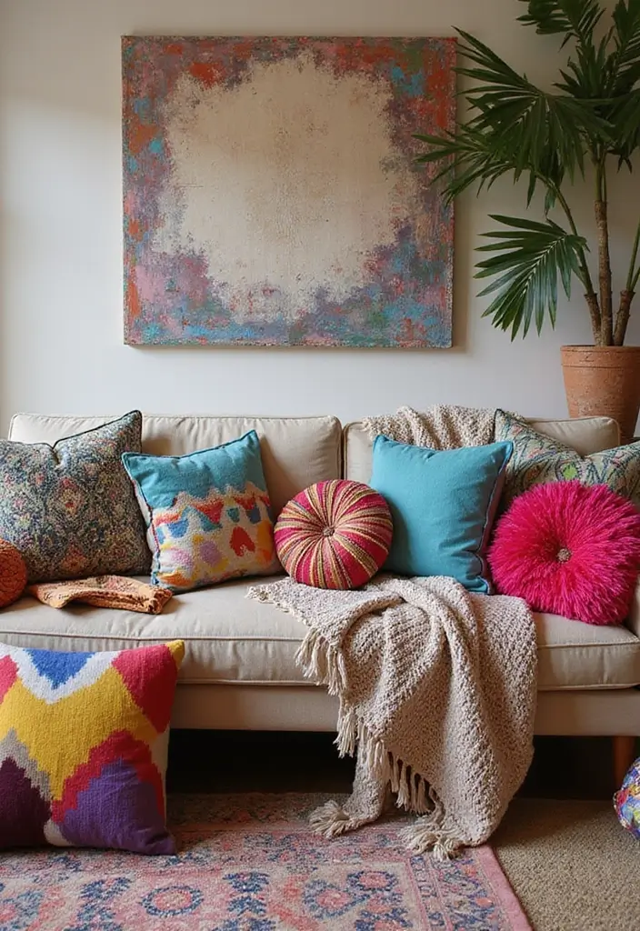 27 Colorful Boho Living Room Ideas That Feel Free Spirited and Stylish - 22. Playful Textures with Pillows and Throws