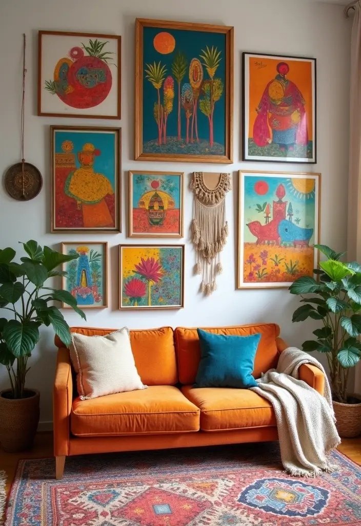 27 Colorful Boho Living Room Ideas That Feel Free Spirited and Stylish - 3. Vibrant Wall Art