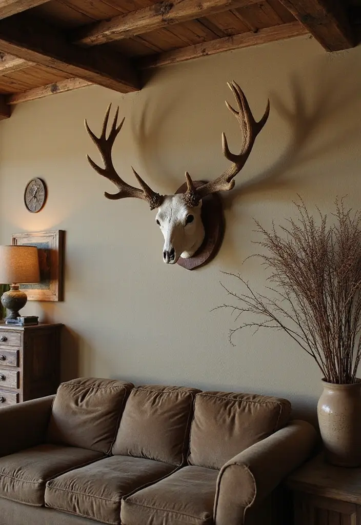 27 Deer Head Decor Living Room Farmhouse Ideas That Add Rustic Style - 1. Classic Antler Wall Mount