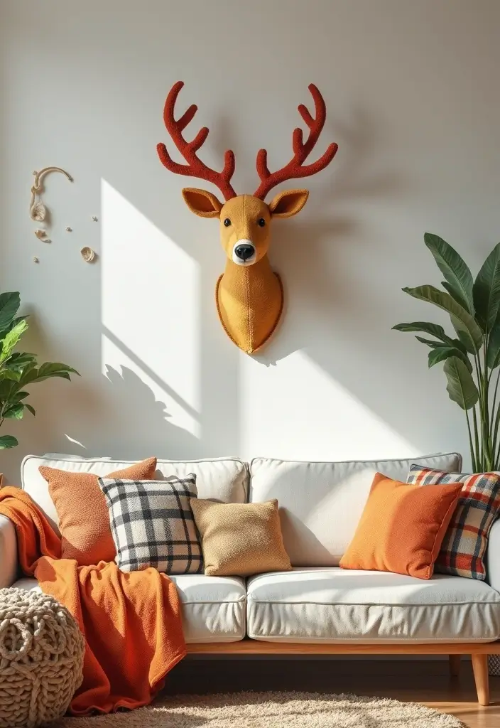 27 Deer Head Decor Living Room Farmhouse Ideas That Add Rustic Style - 10. Fabric Deer Head Wall Hanging