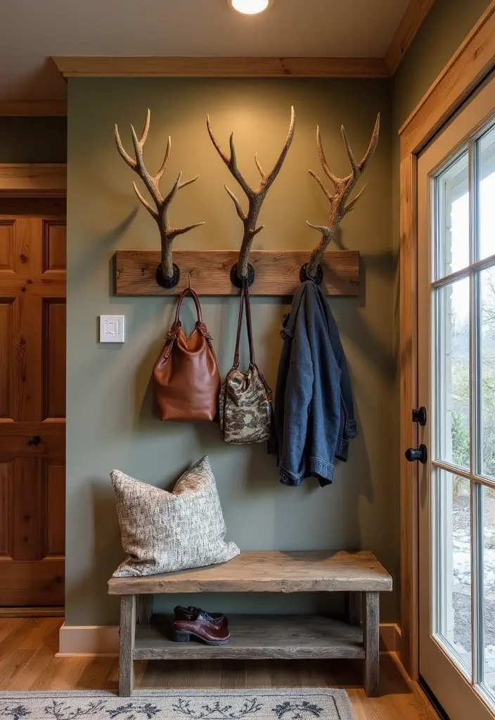 27 Deer Head Decor Living Room Farmhouse Ideas That Add Rustic Style - 11. Antler Wall Hooks