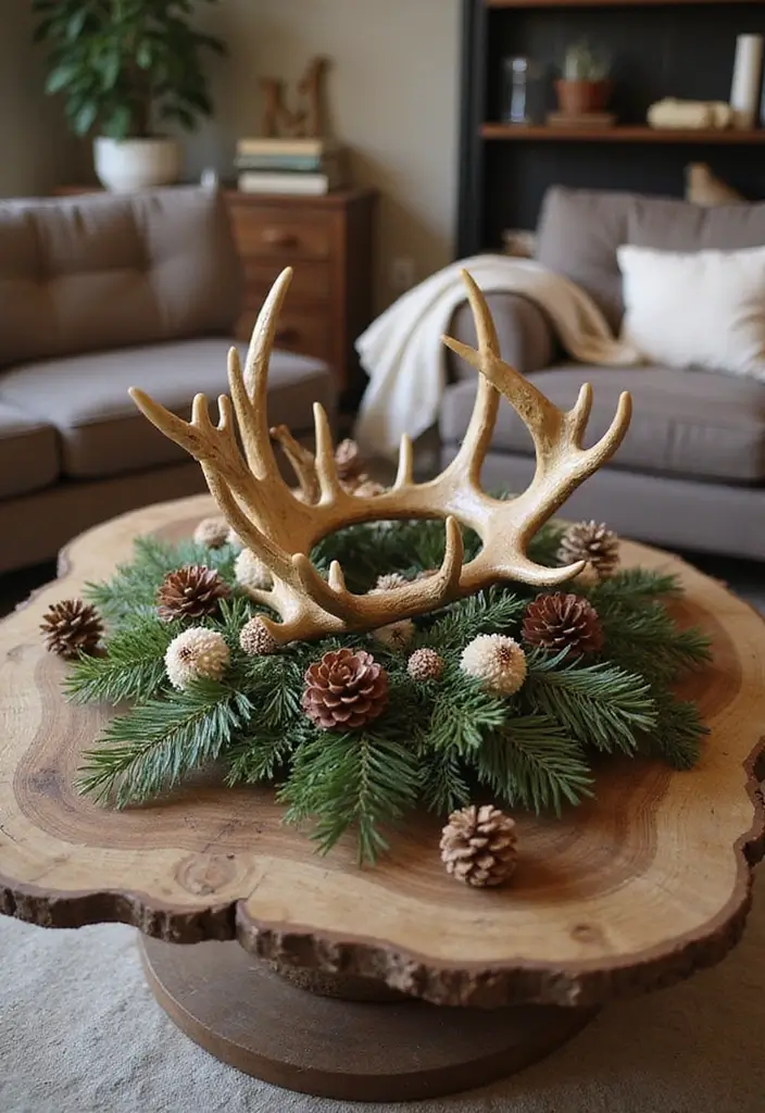 27 Deer Head Decor Living Room Farmhouse Ideas That Add Rustic Style - 12. Deer Antler Centerpiece