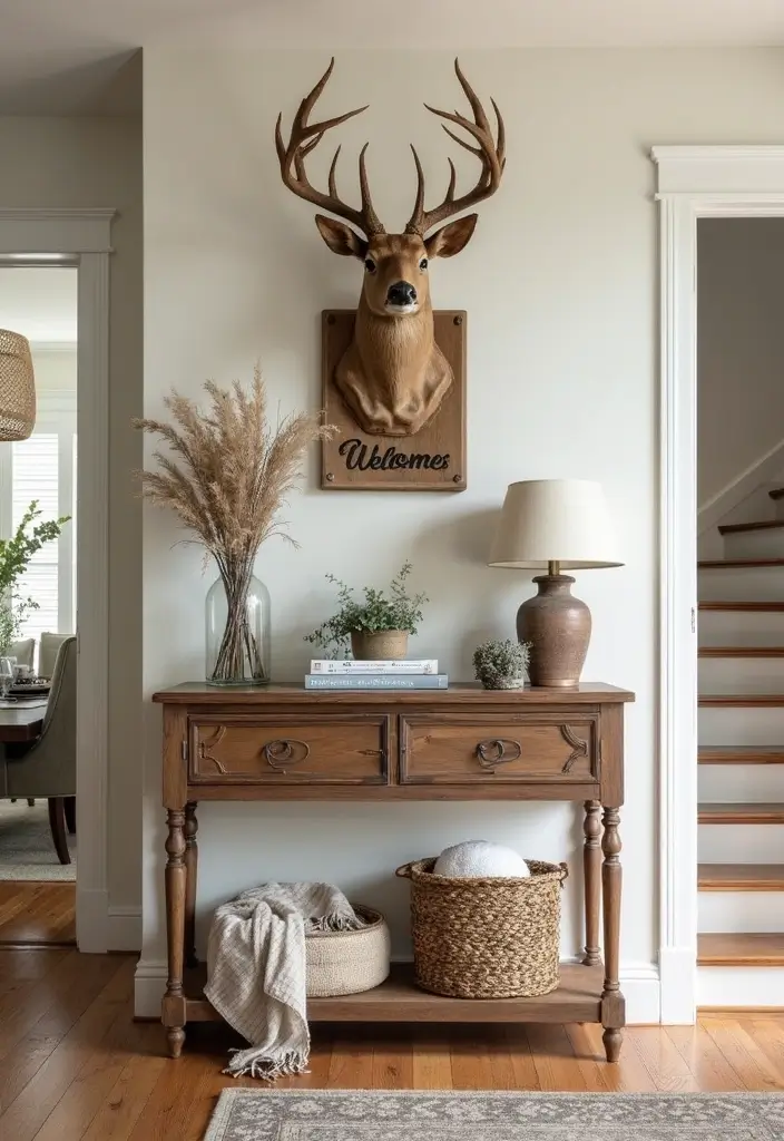27 Deer Head Decor Living Room Farmhouse Ideas That Add Rustic Style - 14. Deer Head Welcome Sign