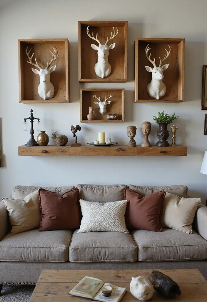 27 Deer Head Decor Living Room Farmhouse Ideas That Add Rustic Style - 15. Vintage Deer Head Collectibles