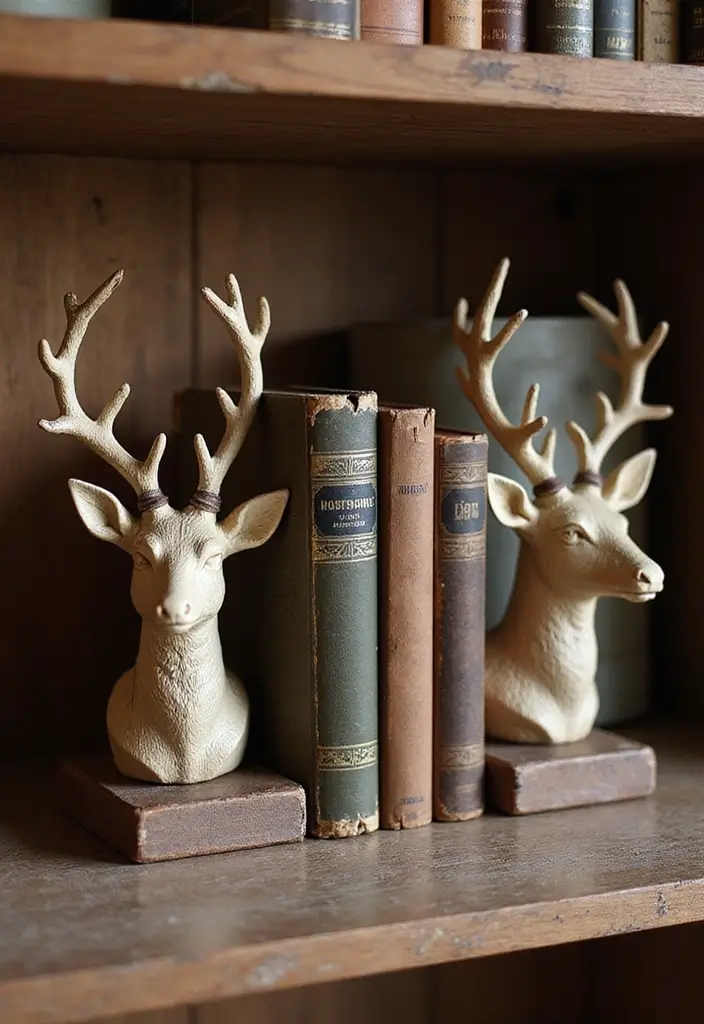 27 Deer Head Decor Living Room Farmhouse Ideas That Add Rustic Style - 16. Rustic Deer Head Bookends
