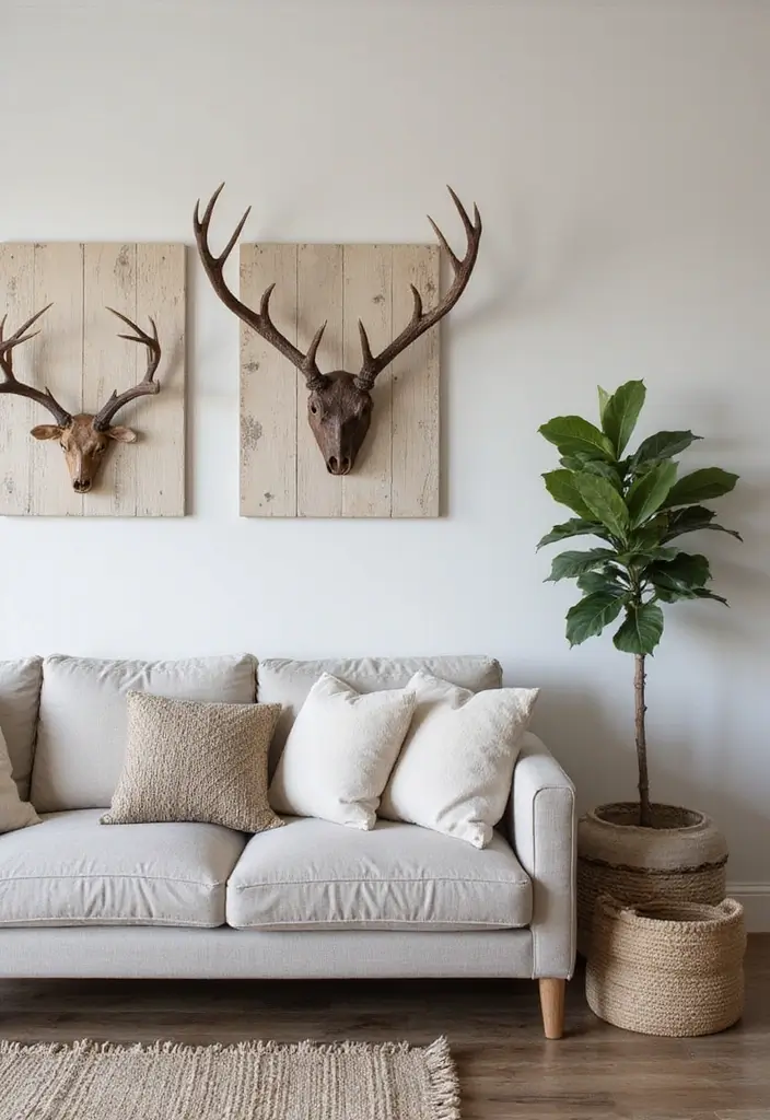 27 Deer Head Decor Living Room Farmhouse Ideas That Add Rustic Style - 19. Rustic Antler Wall Art Panels