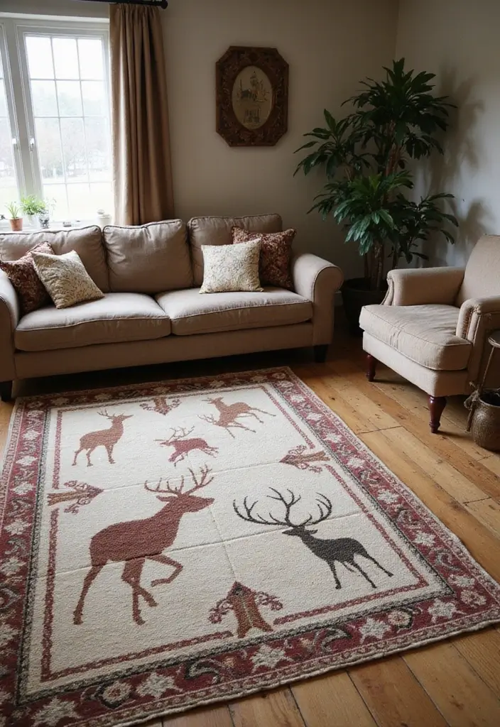 27 Deer Head Decor Living Room Farmhouse Ideas That Add Rustic Style - 25. Deer Patterns on Rugs