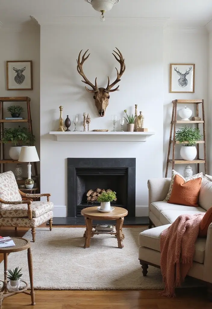 27 Deer Head Decor Living Room Farmhouse Ideas That Add Rustic Style - 26. Eclectic Antler Decor Mix