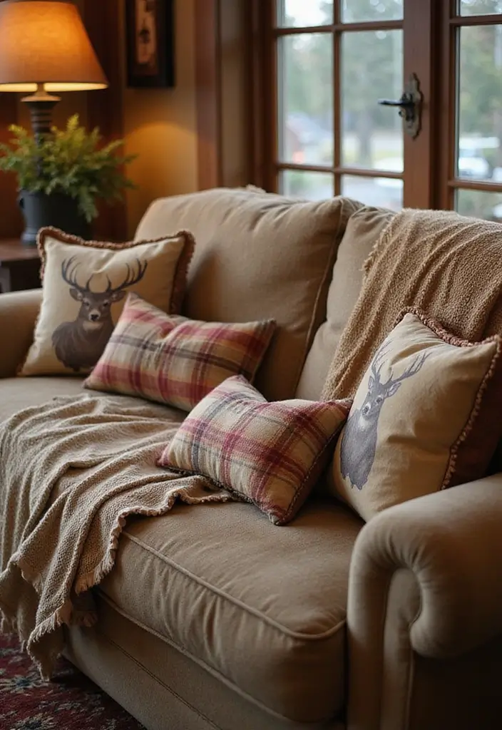 27 Deer Head Decor Living Room Farmhouse Ideas That Add Rustic Style - 4. Deer-Themed Throw Pillows