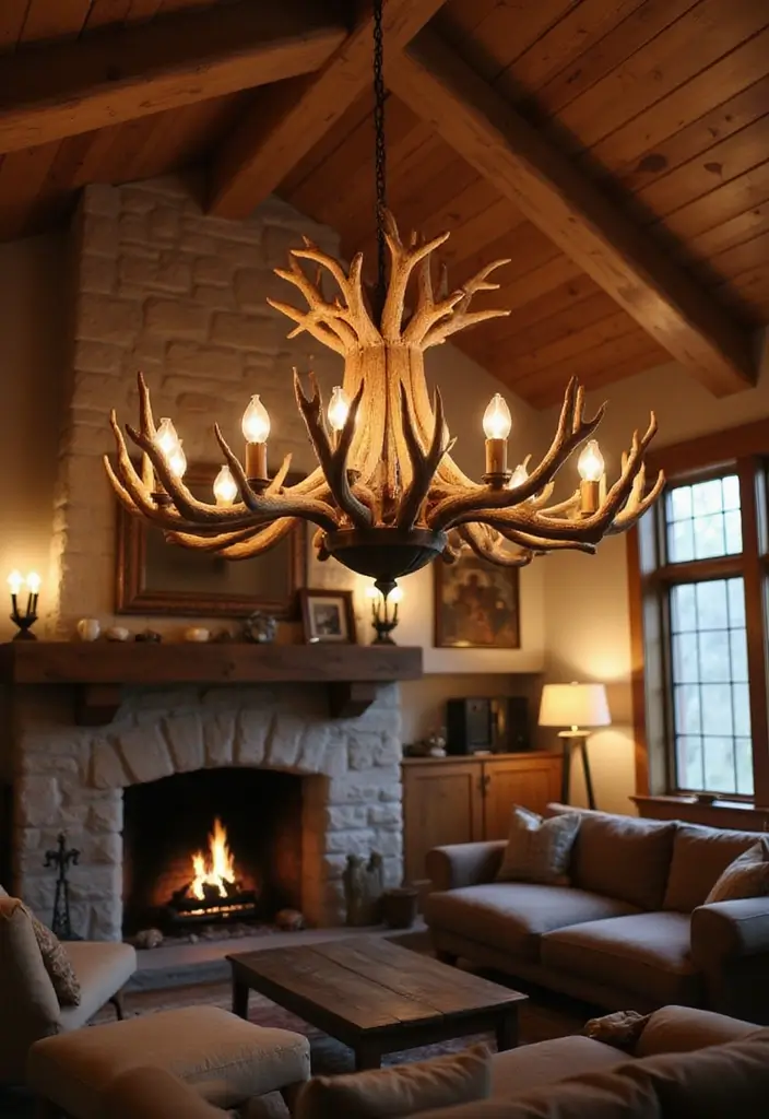 27 Deer Head Decor Living Room Farmhouse Ideas That Add Rustic Style - 5. Antler Chandeliers