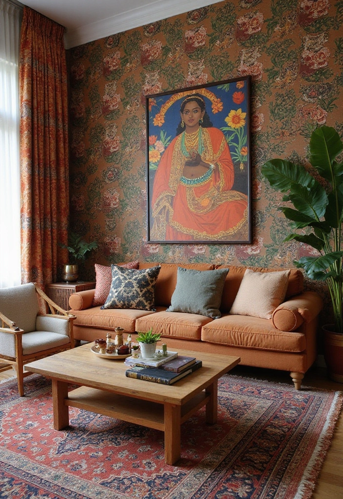 27 Eco-Friendly Wallpaper Ideas for Your Living Room That Transform the Walls - 14. Cultural Prints