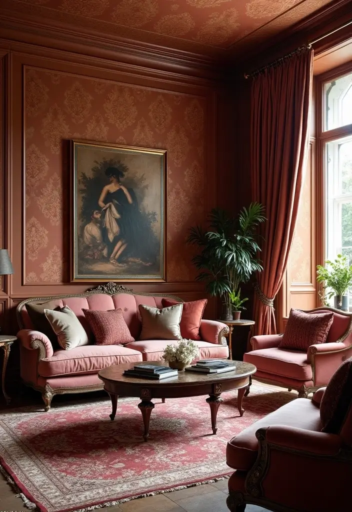 27 Eco-Friendly Wallpaper Ideas for Your Living Room That Transform the Walls - 19. Classic Damask