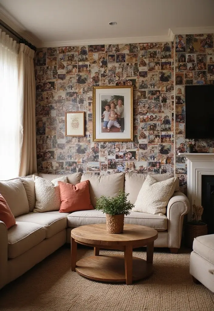 27 Eco-Friendly Wallpaper Ideas for Your Living Room That Transform the Walls - 27. Personal Photos