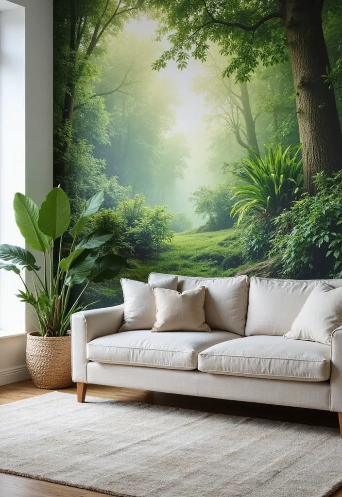 27 Eco-Friendly Wallpaper Ideas for Your Living Room That Transform the Walls - 6. Nature-Inspired Murals