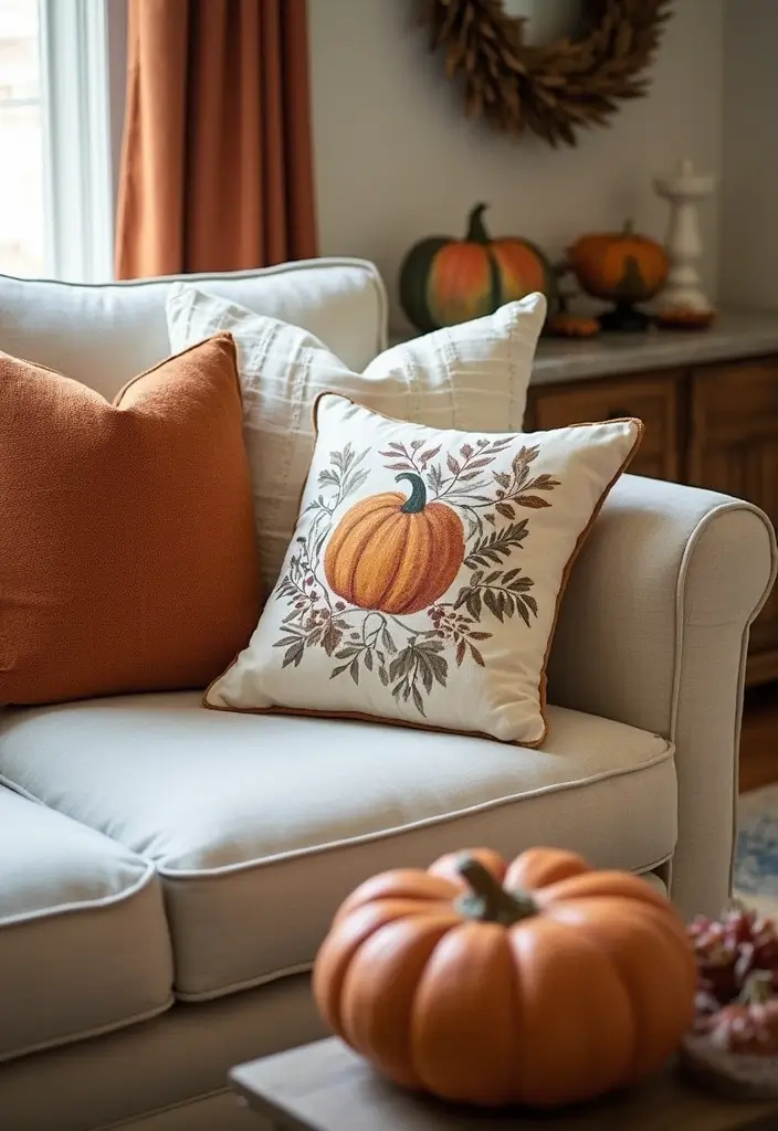 27 Fall Decor Ideas for Living Room That Feel Warm and Seasonal - 10. Seasonal Throw Pillows