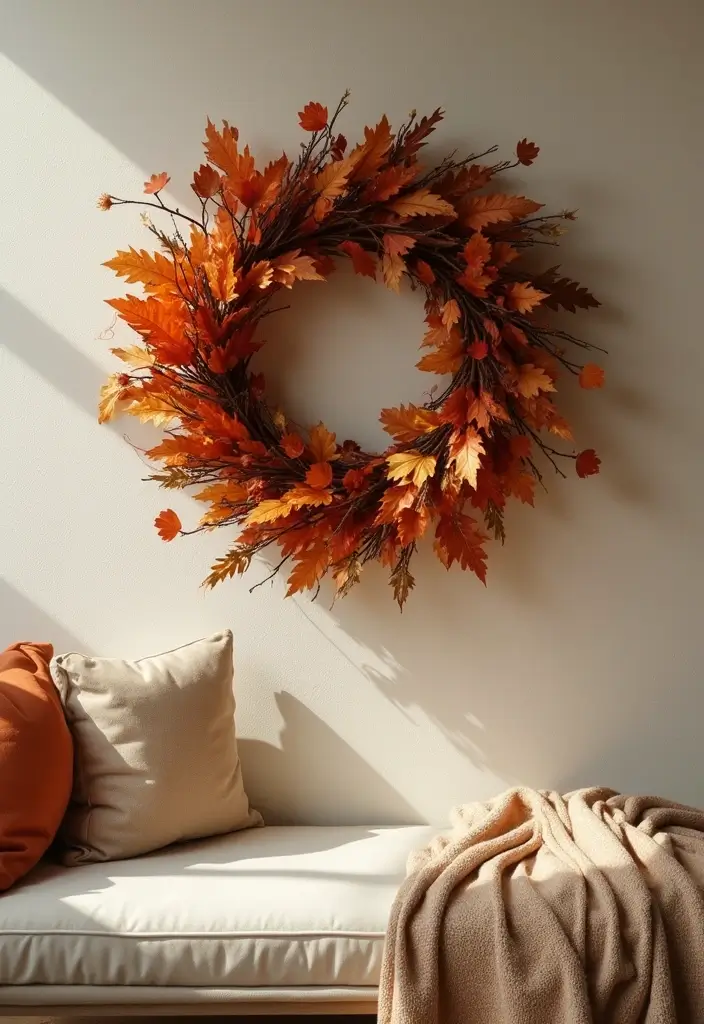 27 Fall Decor Ideas for Living Room That Feel Warm and Seasonal - 13. Seasonal Wreaths