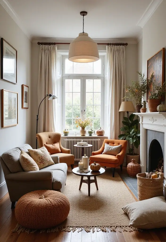 27 Fall Decor Ideas for Living Room That Feel Warm and Seasonal - 14. Eclectic Mixed Seating