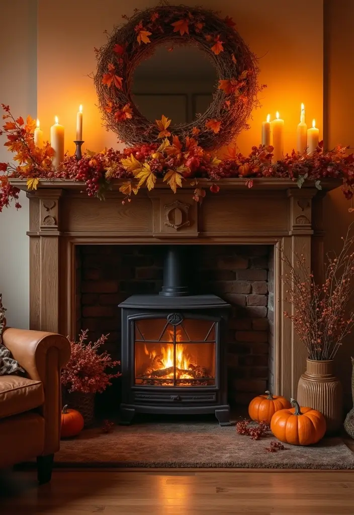 27 Fall Decor Ideas for Living Room That Feel Warm and Seasonal - 15. Fireplace Decor