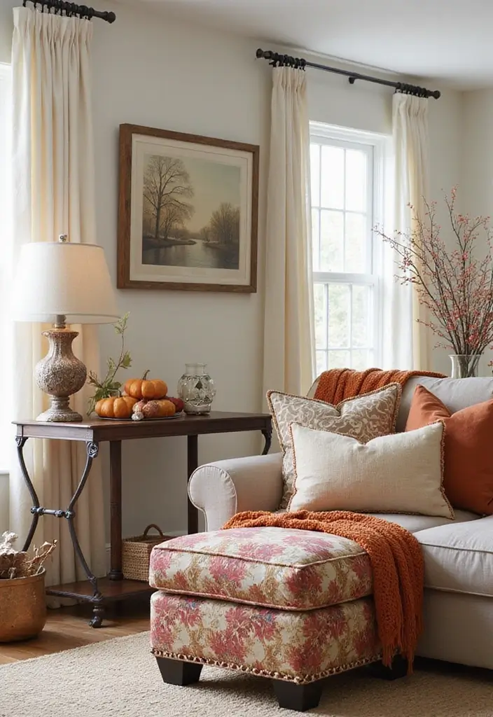 27 Fall Decor Ideas for Living Room That Feel Warm and Seasonal - 18. Themed Accent Furniture