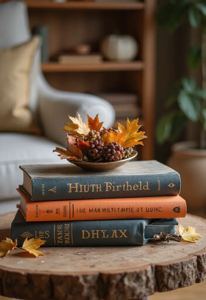 27 Fall Decor Ideas for Living Room That Feel Warm and Seasonal - 20. Fall-Inspired Book Displays