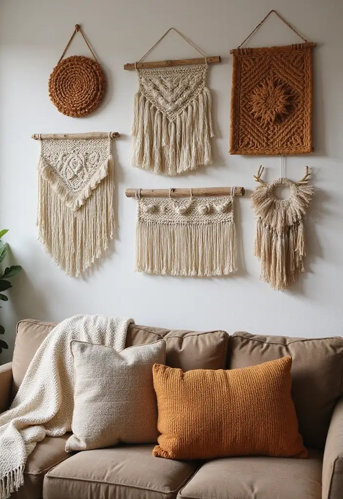 27 Fall Decor Ideas for Living Room That Feel Warm and Seasonal - 22. Textured Wall Hangings