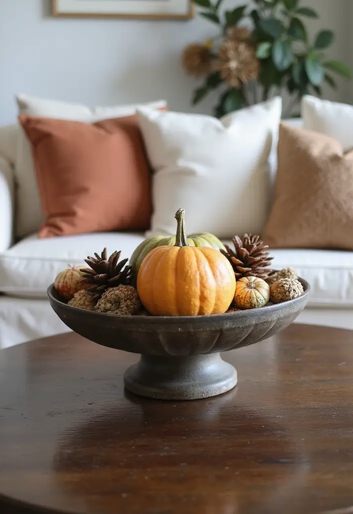 27 Fall Decor Ideas for Living Room That Feel Warm and Seasonal - 24. Seasonal Decorative Bowls