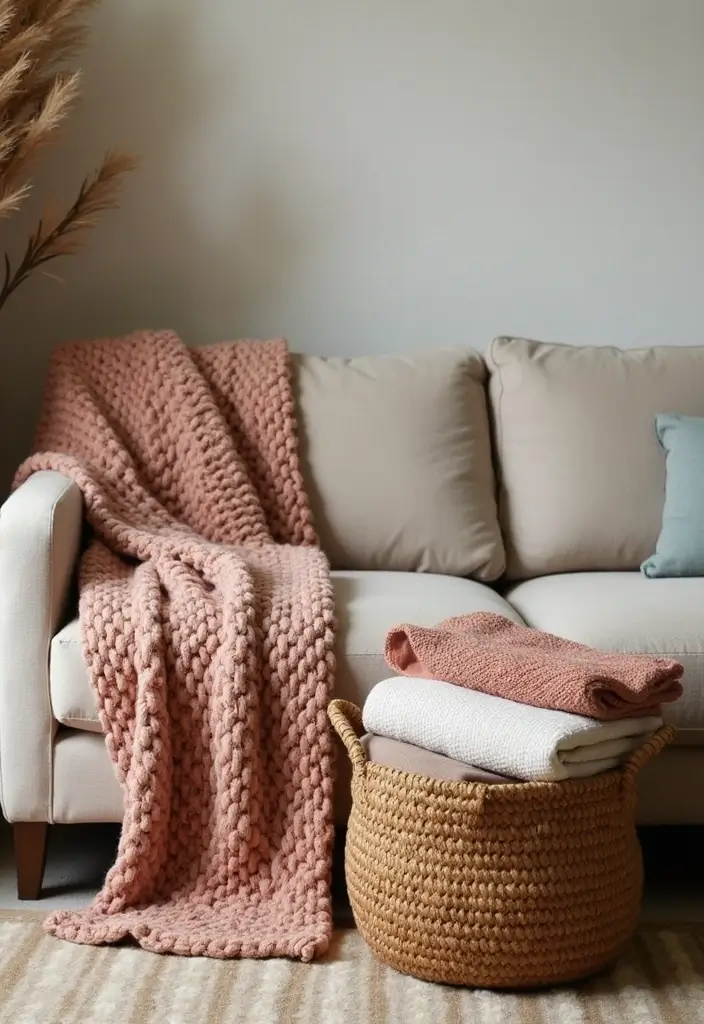 27 Fall Decor Ideas for Living Room That Feel Warm and Seasonal - 25. Cozy Blankets and Throws