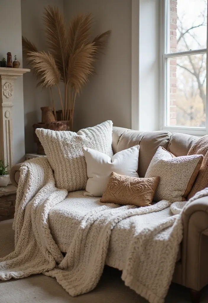 27 Fall Decor Ideas for Living Room That Feel Warm and Seasonal - 3. Cozy Textiles