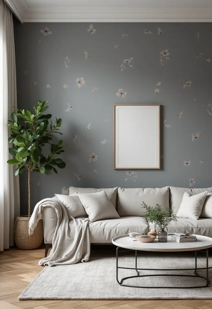 27 Gray Living Room Ideas That Are Modern and Timeless - 11. Gray Accent Walls with Wallpaper