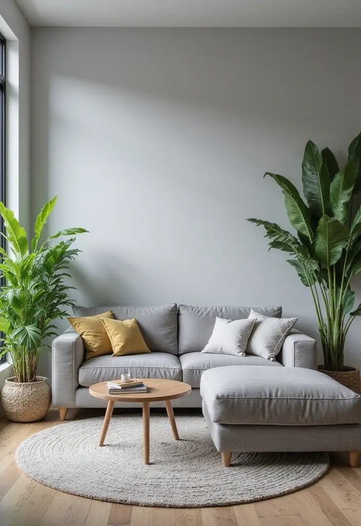 27 Gray Living Room Ideas That Are Modern and Timeless - 15. Gray and Green Plant Pairing