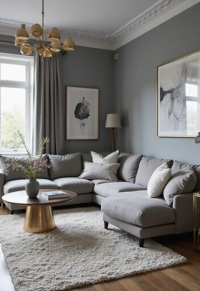 27 Gray Living Room Ideas That Are Modern and Timeless - 18. Gray and Metallic Accents