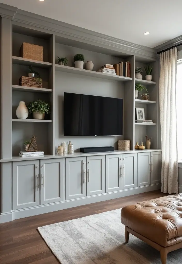 27 Gray Living Room Ideas That Are Modern and Timeless - 19. Gray Built-in Shelving