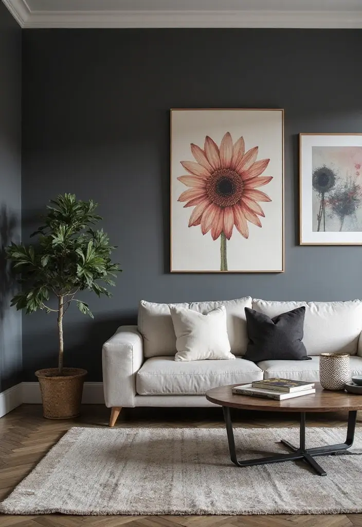 27 Gray Living Room Ideas That Are Modern and Timeless - 2. Gray Walls with Bold Art Pieces